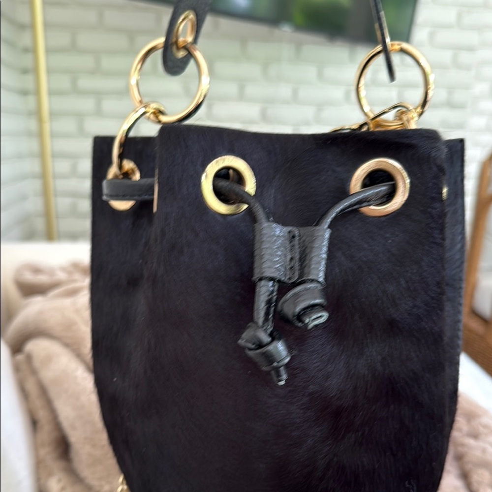 Chic Black Leather Drawstring Bucket Purse - image 2